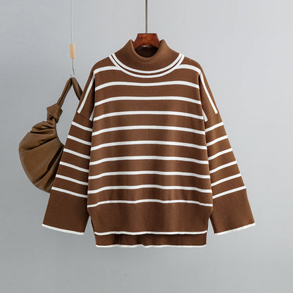 Autumn And Winter Women Casual Stripe Turtleneck Knitted Sweater