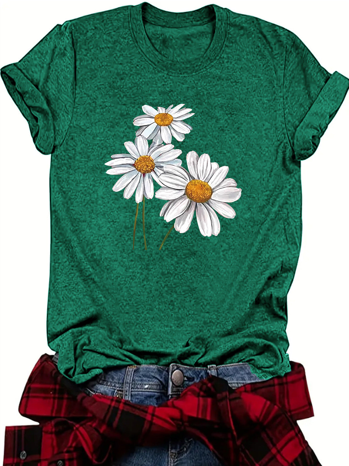 Camiseta informal de manga corta con cuello redondo y estampado de flores para mujer