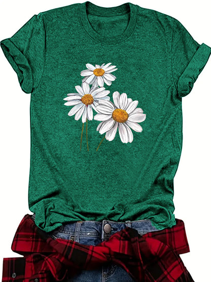 Camiseta informal de manga corta con cuello redondo y estampado de flores para mujer
