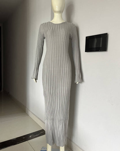 Autumn Winter Women Fashion Casual Crewneck Pit Strip Knitted Dress
