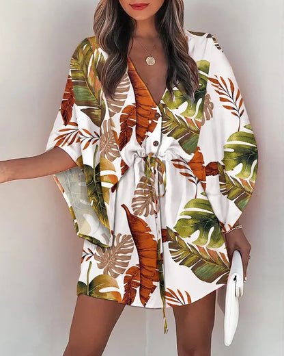 Women Elegant Bohemian Summer Short Sleeves V Neck Casual Bandage Holiday Dress