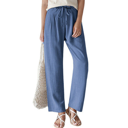 Pantalones rectos holgados de cintura elástica de lino y algodón para mujer