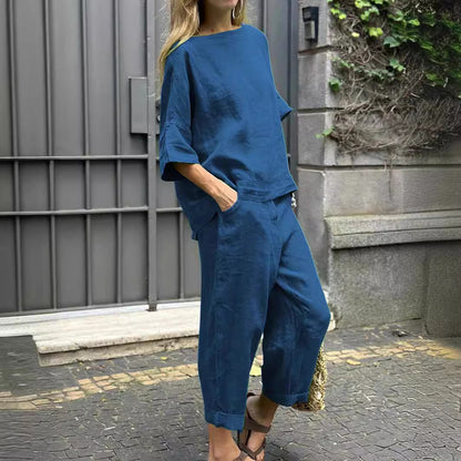 Conjunto de dos piezas de camisa y pantalón holgados de color liso para mujer