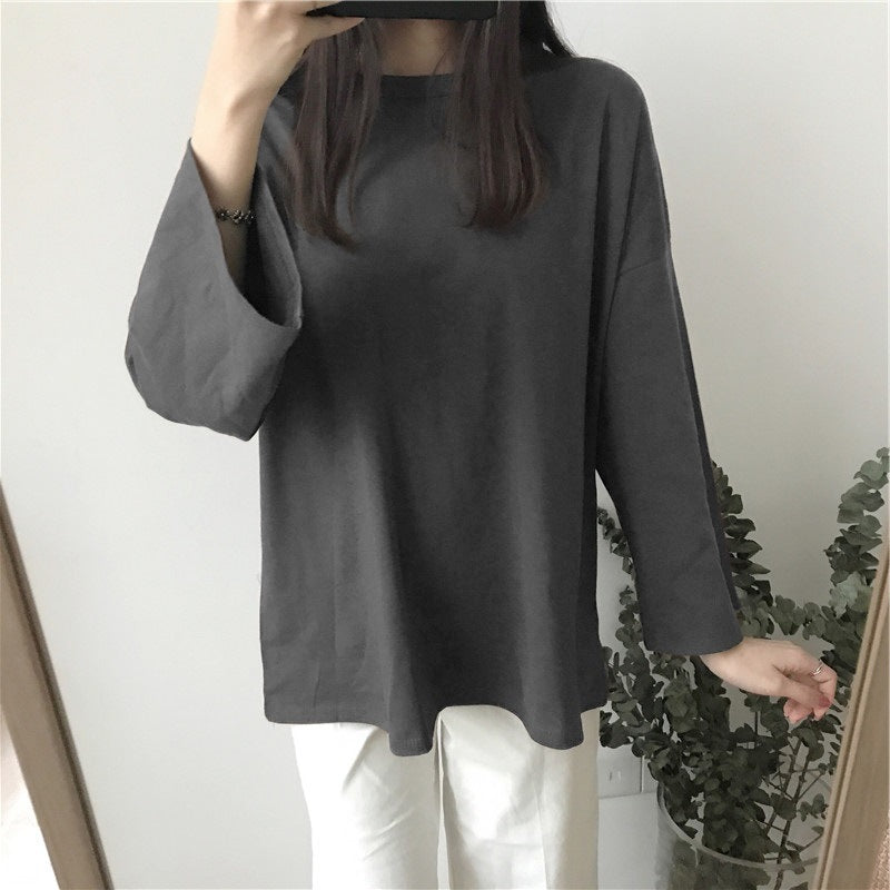 Camiseta informal de manga larga con cuello redondo y color liso para mujer