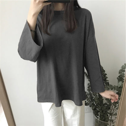 Camiseta informal de manga larga con cuello redondo y color liso para mujer