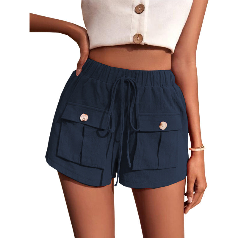 Women Summer Casual Pocket Loose Mid-Waist Drawstring Solid Color Cargo Shorts