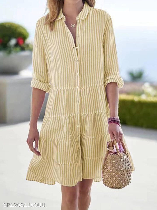 Women Casual Loose Long Stripe Striped Shirt Dress