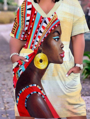 Vestido informal holgado multicolor con cuello en V, manga corta y largo medio para mujer