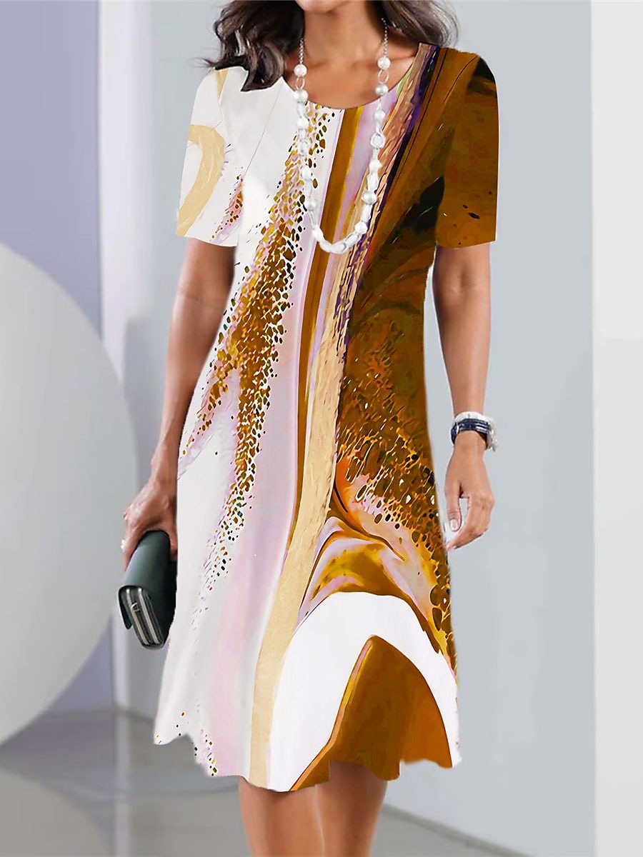 Vestido informal de manga corta con cuello redondo y estampado geométrico para mujer