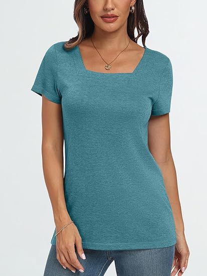 Camiseta informal de verano para mujer, con cuello cuadrado, color liso, manga corta y sin mangas