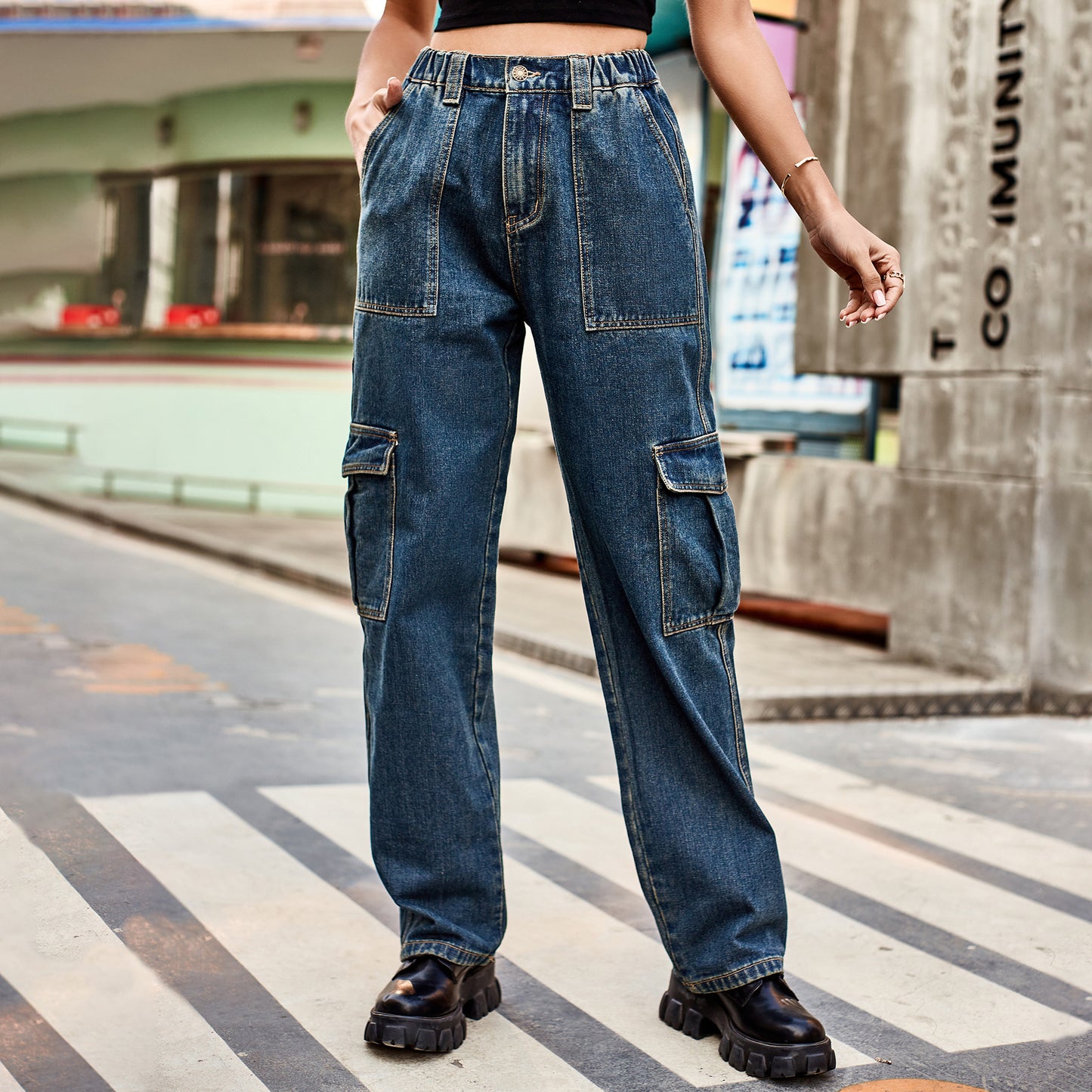 Women Fashion Casual High Waist Denim Cargo Pants