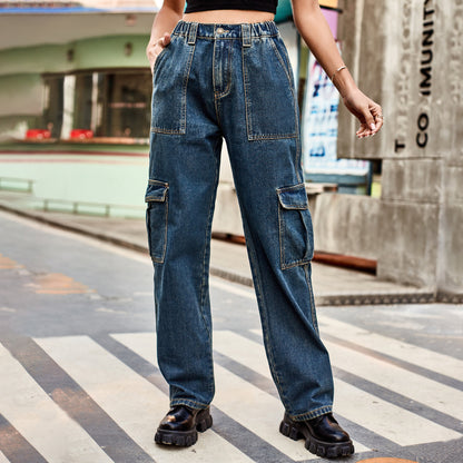 Women Fashion Casual High Waist Denim Cargo Pants