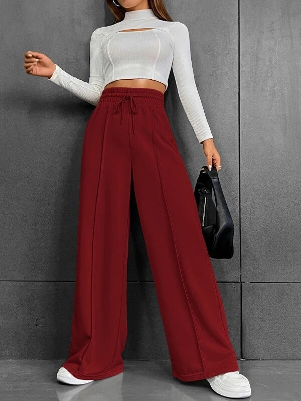 Women Fashion Casual Drawstring Elastic Waist Wide Leg Pants