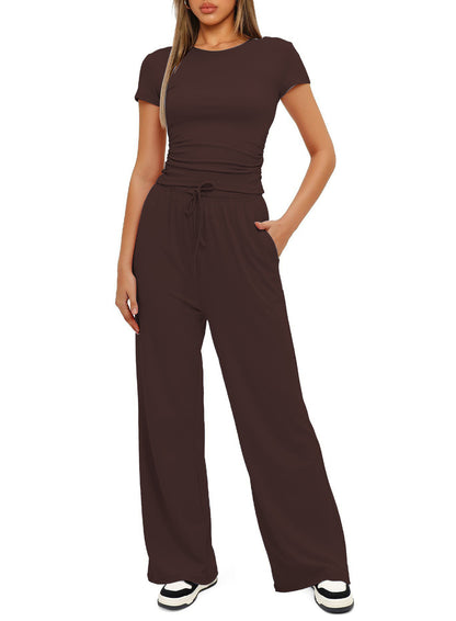 Conjunto de dos piezas formado por camiseta y pantalón de pierna ancha, cintura alta, color liso, informal, sencillo, para mujer