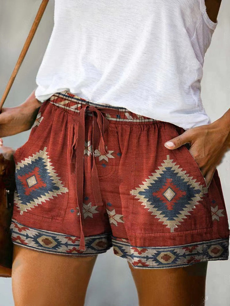 Pantalones cortos holgados con cordones y cintura alta con estampado digital informal a la moda para mujer