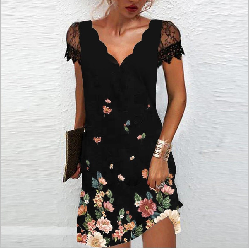Vestido elegante informal de manga corta con estampado floral, escote en V y encaje de patchwork para mujer