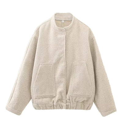 Chaqueta holgada informal de color liso con cuello alto para mujer