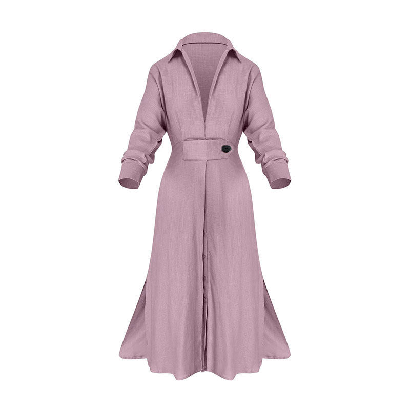 Women Fashion Casual Solid Color Waist Long Sleeve Irregular Shirt Maxi Dress