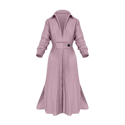 Women Fashion Casual Solid Color Waist Long Sleeve Irregular Shirt Maxi Dress