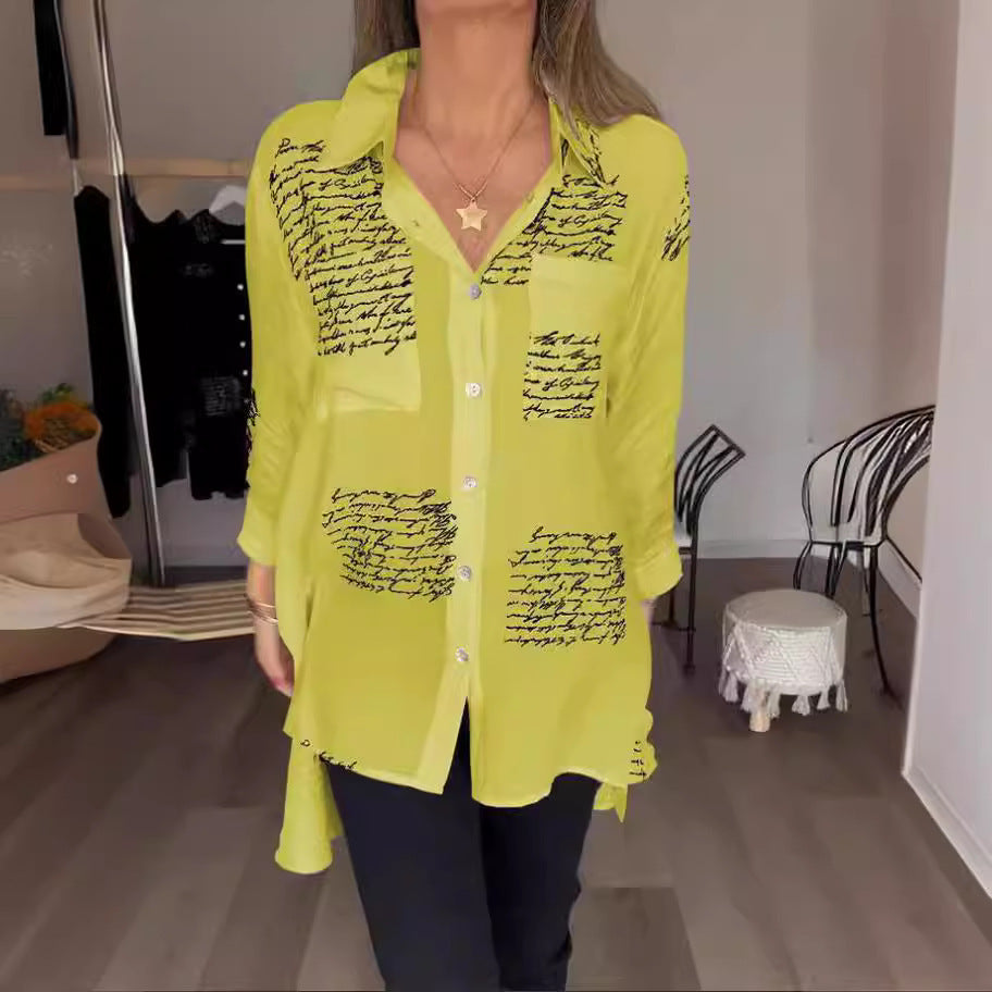 Blusa informal de manga larga con solapa y estampado de letras para mujer