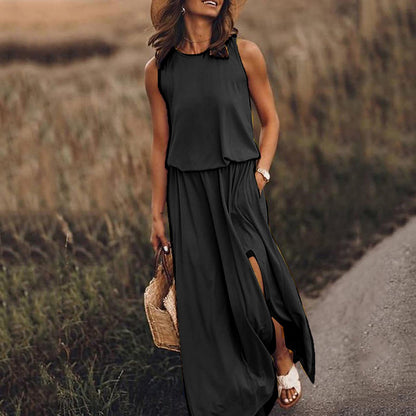 Summer Women Casual Basic Round Neck Sleeveless Side-slit Solid Color Long Dress