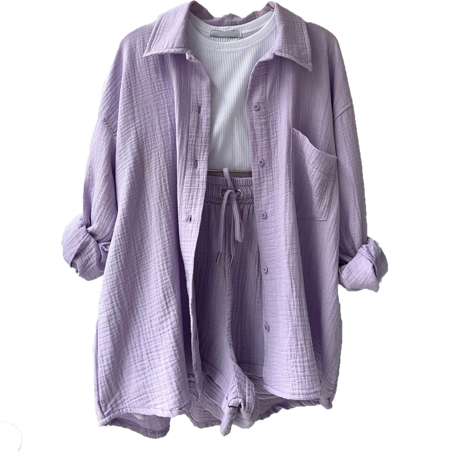 Conjunto informal de dos piezas para mujer, con solapa plisada, manga larga y pantalones cortos de cintura alta, color liso