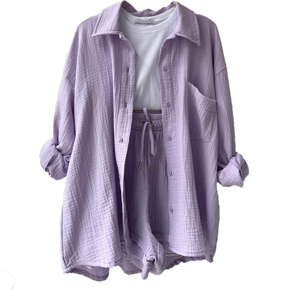 Conjunto informal de dos piezas para mujer, con solapa plisada, manga larga y pantalones cortos de cintura alta, color liso