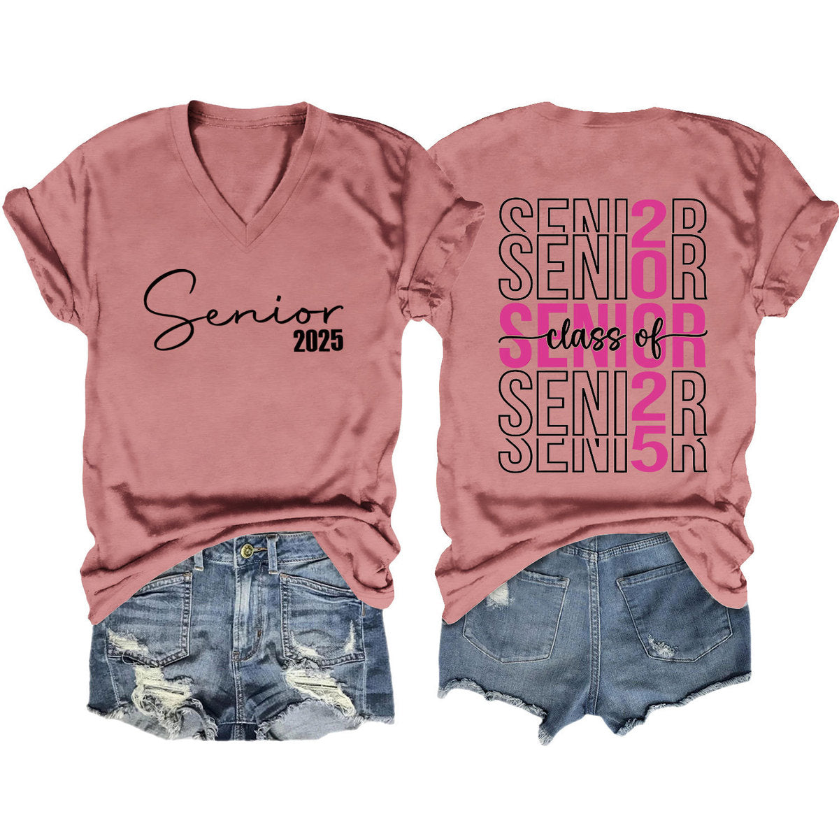 Camiseta informal de manga corta con cuello en V y estampado de letras para mujer 2025