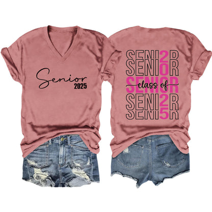 Camiseta informal de manga corta con cuello en V y estampado de letras para mujer 2025