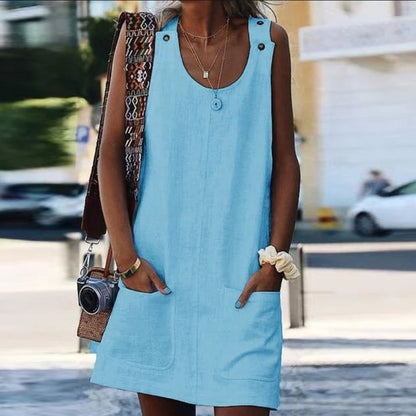 Summer Women Casual Solid Color Pocket Loose Dress