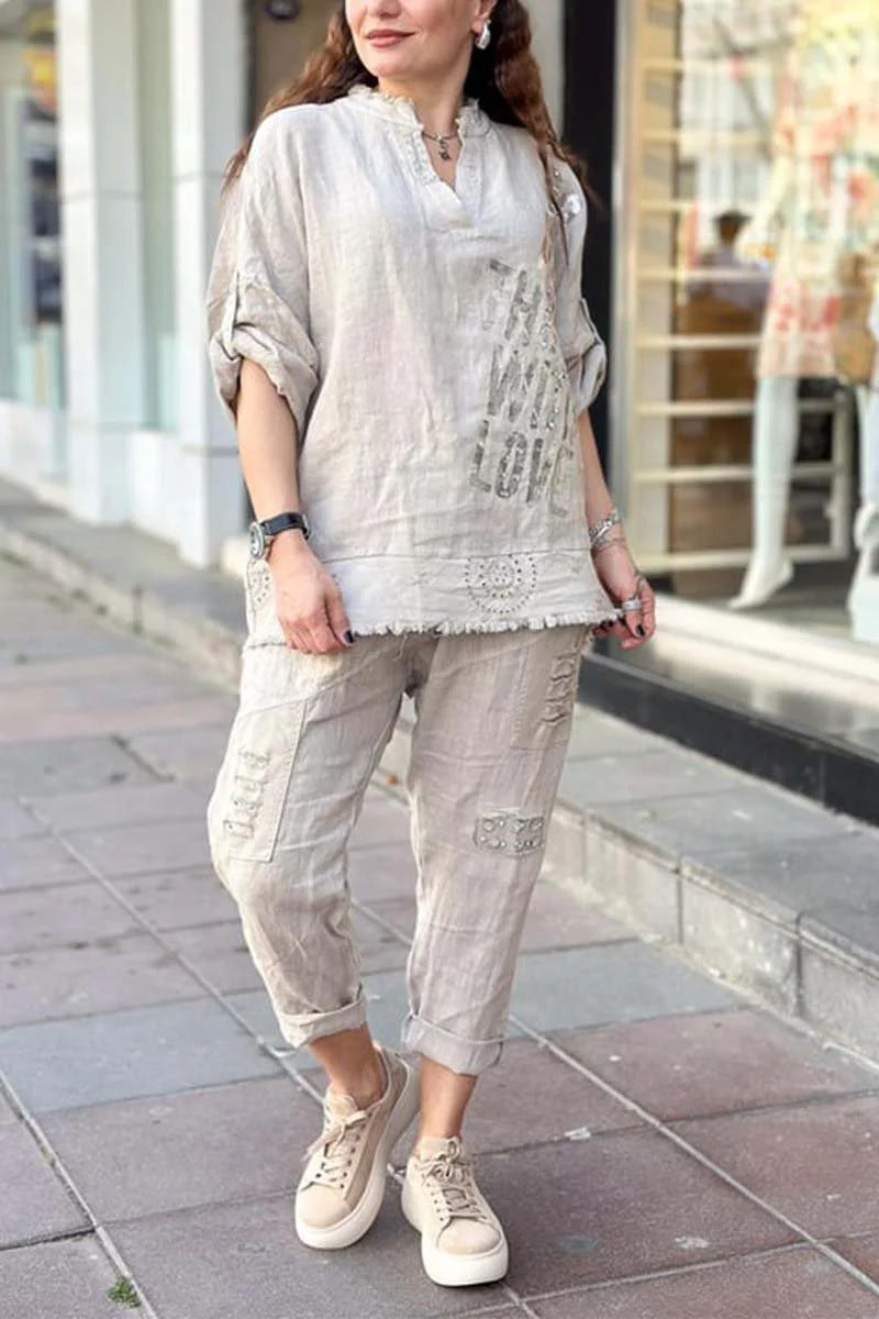 Conjunto de dos piezas de blusa y pantalones holgados con cuello en V y media manga para mujer