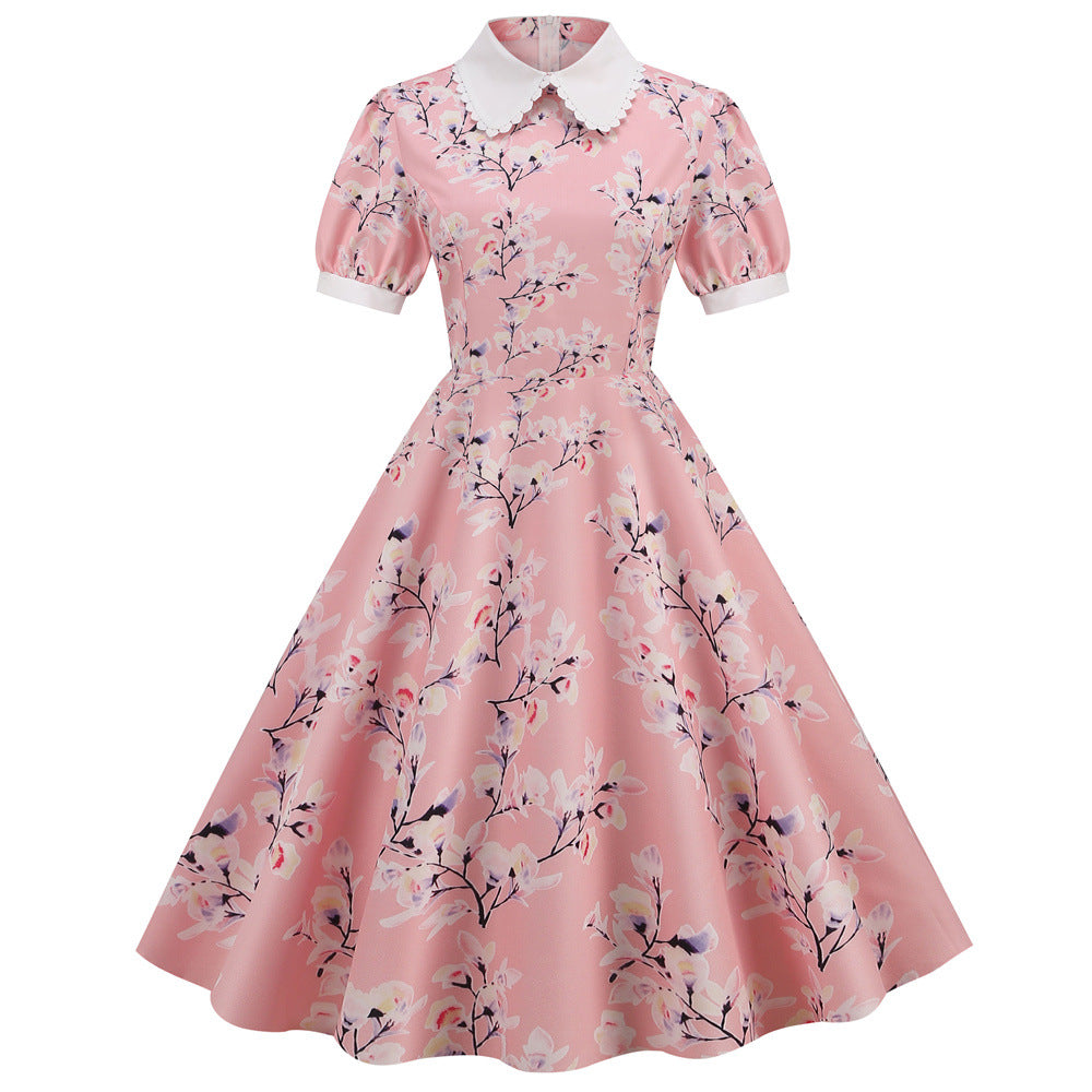 Women Vintage Summer Floral Printed Short-Sleeved Doll Collar Casual Large Swing Dress