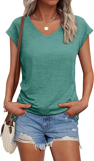 Camiseta informal de verano para mujer, color liso, cuello en V, manga corta, sin mangas