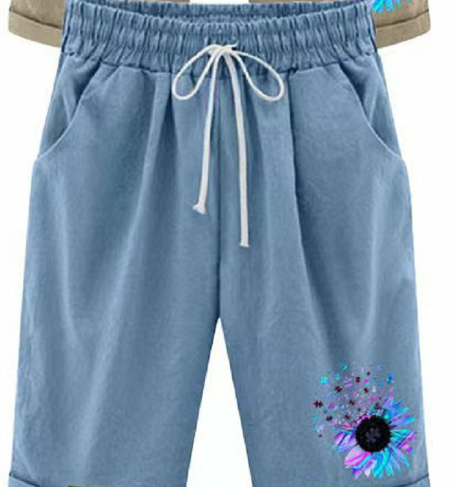 Women Casual Solid Color Printed High Waist Cotton Linen Shorts