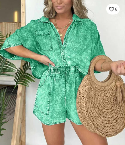 Conjunto de dos piezas de pantalones cortos casuales, holgados y cómodos para mujer