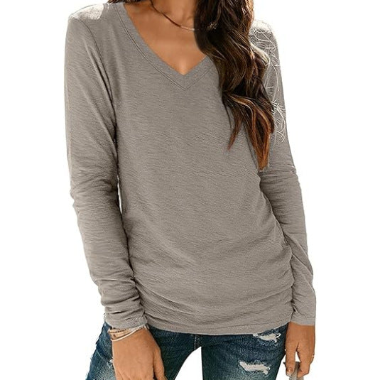 Camiseta informal de manga larga con cuello en V y color liso para mujer