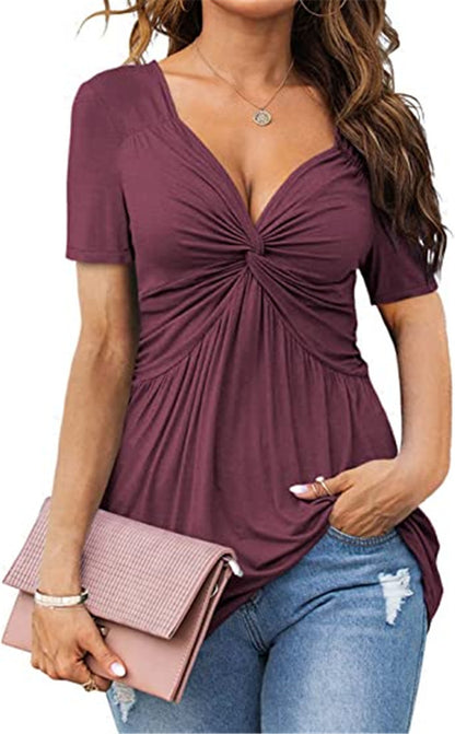 Blusa informal plisada de manga corta con cuello en V y color liso para mujer