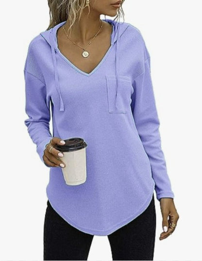 Women Fashion Casual V-Neck Drawstring Long Sleeve Hoodies