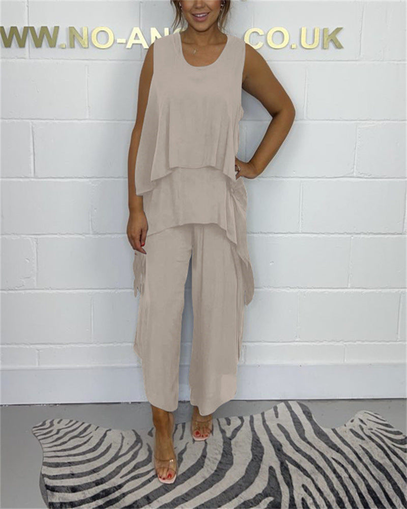 Conjunto de top y pantalones cortos informales sin mangas de color liso de talla grande a la moda para mujer