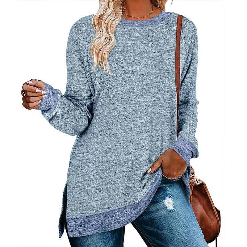 Camiseta informal de manga larga con cuello redondo y abertura en color para mujer