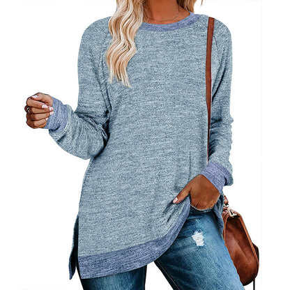 Camiseta informal de manga larga con cuello redondo y abertura en color para mujer