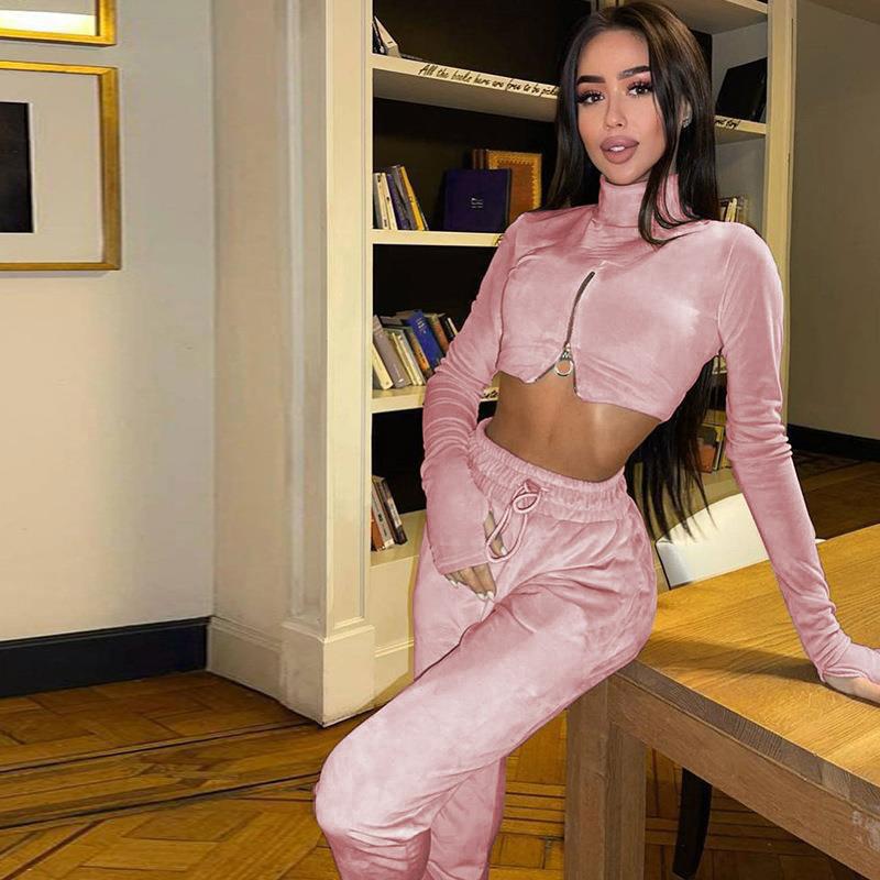 Conjunto informal de dos piezas para mujer, color liso, cuello alto, cremallera, manga larga, top corto y pantalón