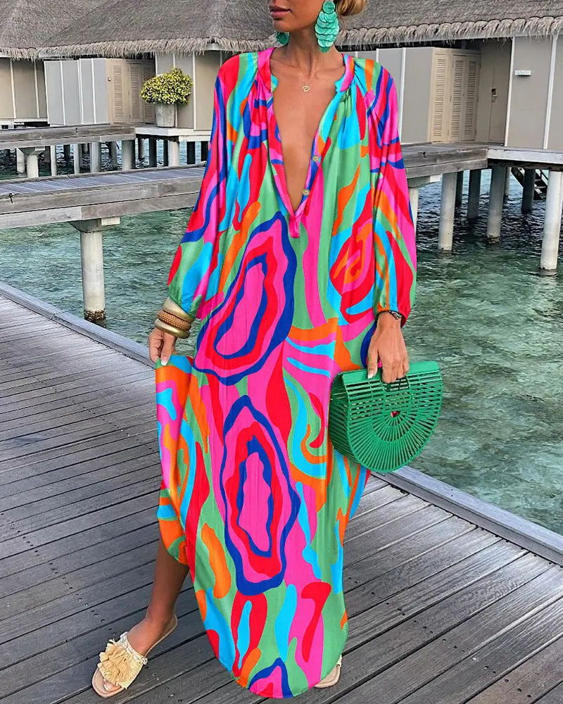 Autumn Women Graphic Printed Pullover Long-Sleeved V-Neck Loose Casual Maxi Dress