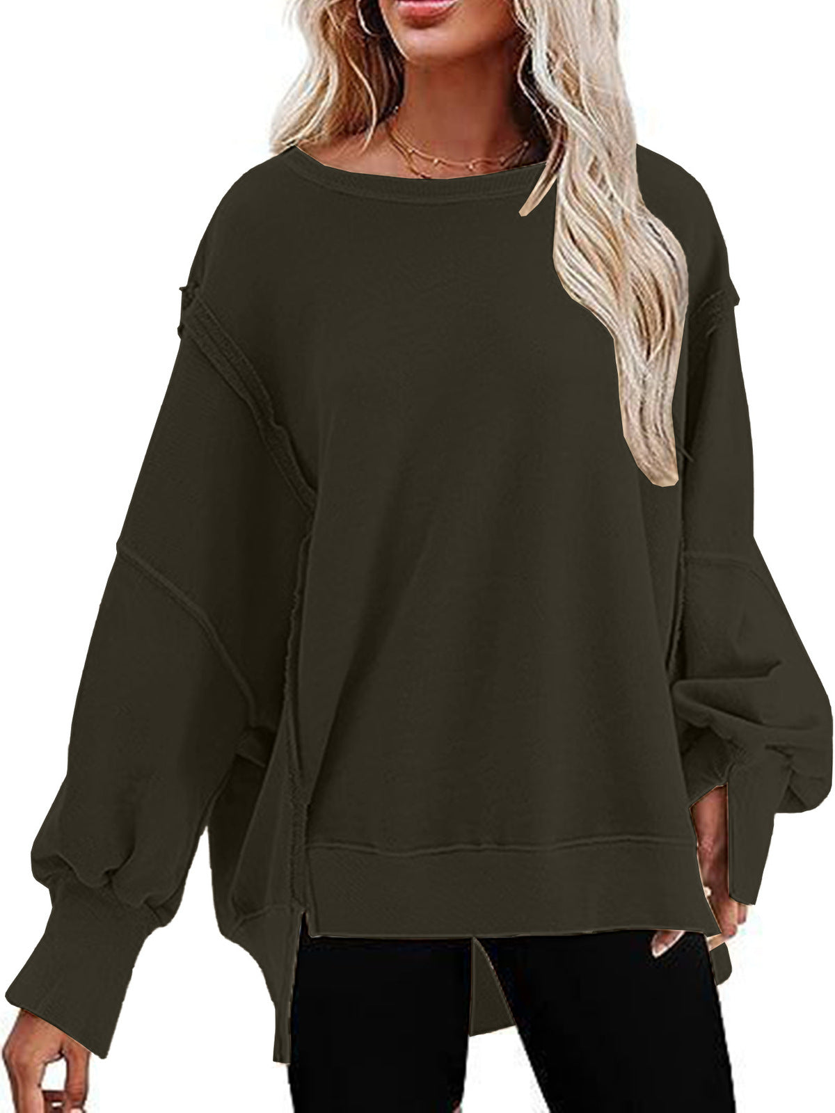 Sudadera informal de otoño para mujer, holgada, de color liso, con cuello redondo y manga larga