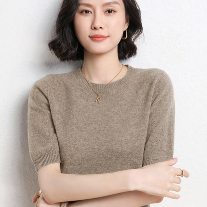 Spring And Summer Women Solid Color Casual Versatile Knitted Short-Sleeved Round Neck Knitwear Sweater