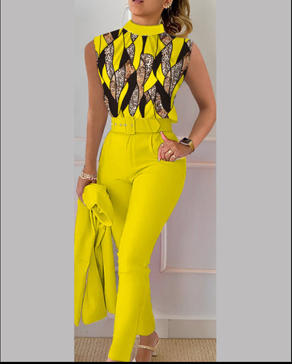 Women Fashion Casual Geometric Floral Printed Vest Casual Pants Two-Piece Set Without Jacket