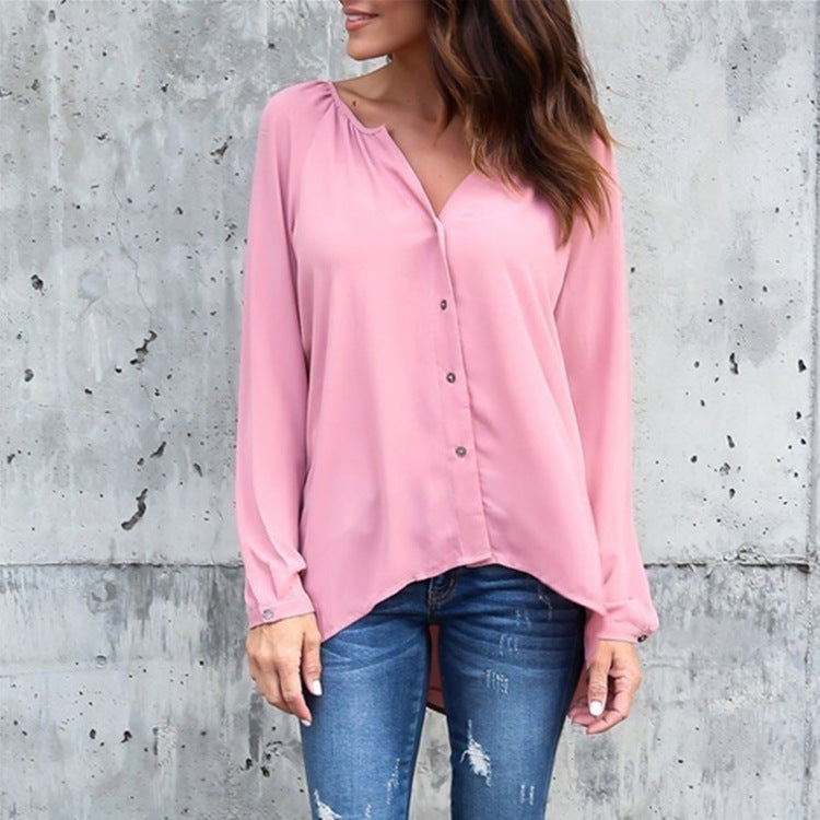 Blusa informal de gasa holgada con cuello en V y botones de manga larga para mujer
