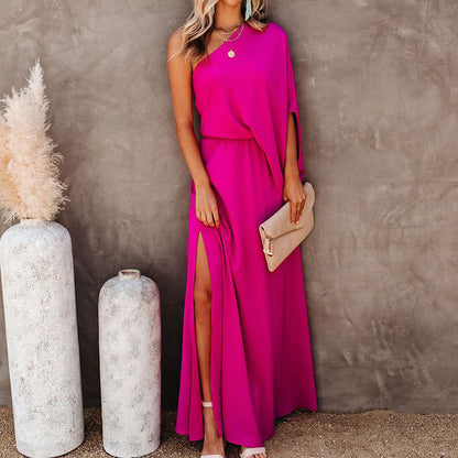 Summer Fashion Women Solid Color Oblique Collar Strapless Temperament Casual Long Dress