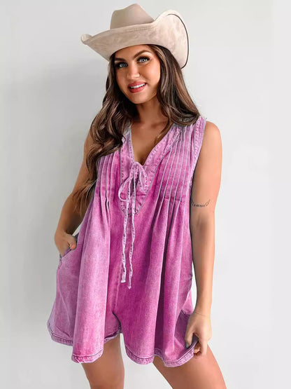 Women Fashion Casual Solid Color V-Neck Sleeveless Loose Denim Rompers
