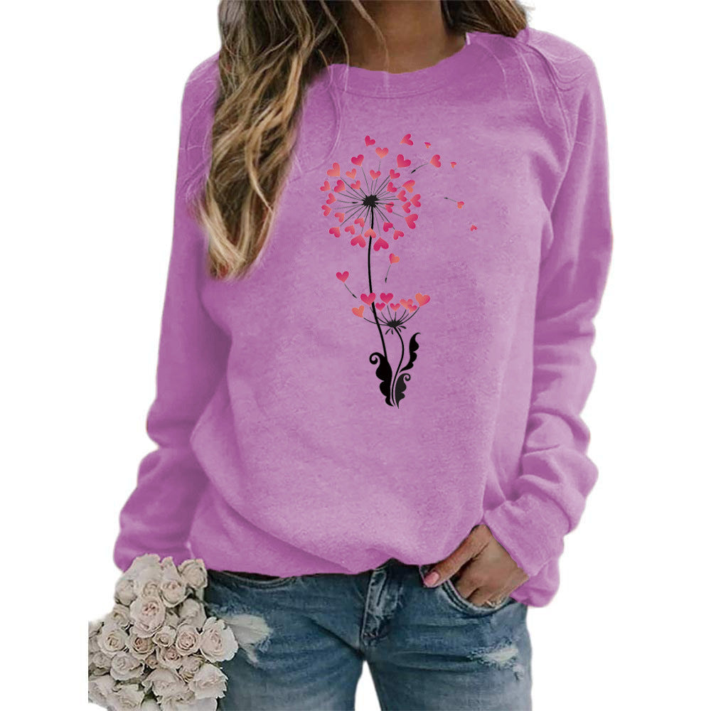 Sudadera holgada informal con estampado de diente de león y corazón para mujer, cuello redondo y manga larga